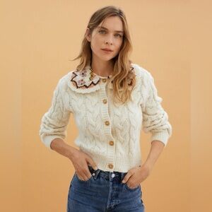 Mango Cream Cable-Knit Cardigan with Floral Collar